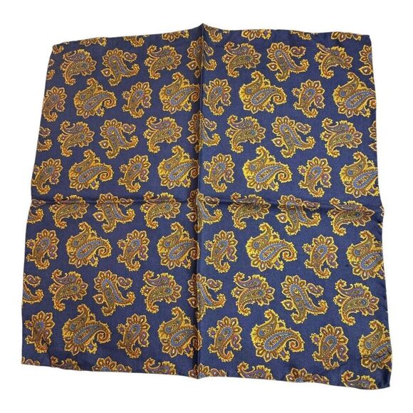 Burberry 100% Silk Paisley Print Pocket Square Handkerchief Navy & Gold Mens - Picture 1 of 7
